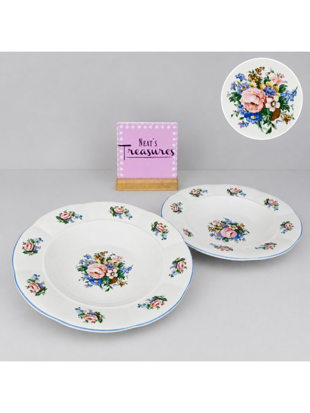 Tabletops Unlimited TAU71 Floral Blue Ceramic Rim Pasta Soup Cereal Bowl Set 2